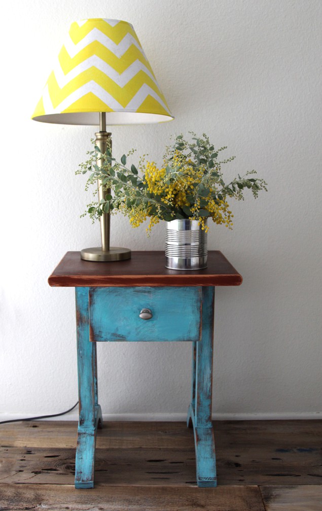 blue side table nightstand and yellow lampshade