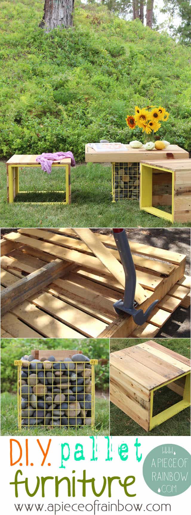 make pallet garden furniture: benches and gabion table - www.apieceofrainbow.com
