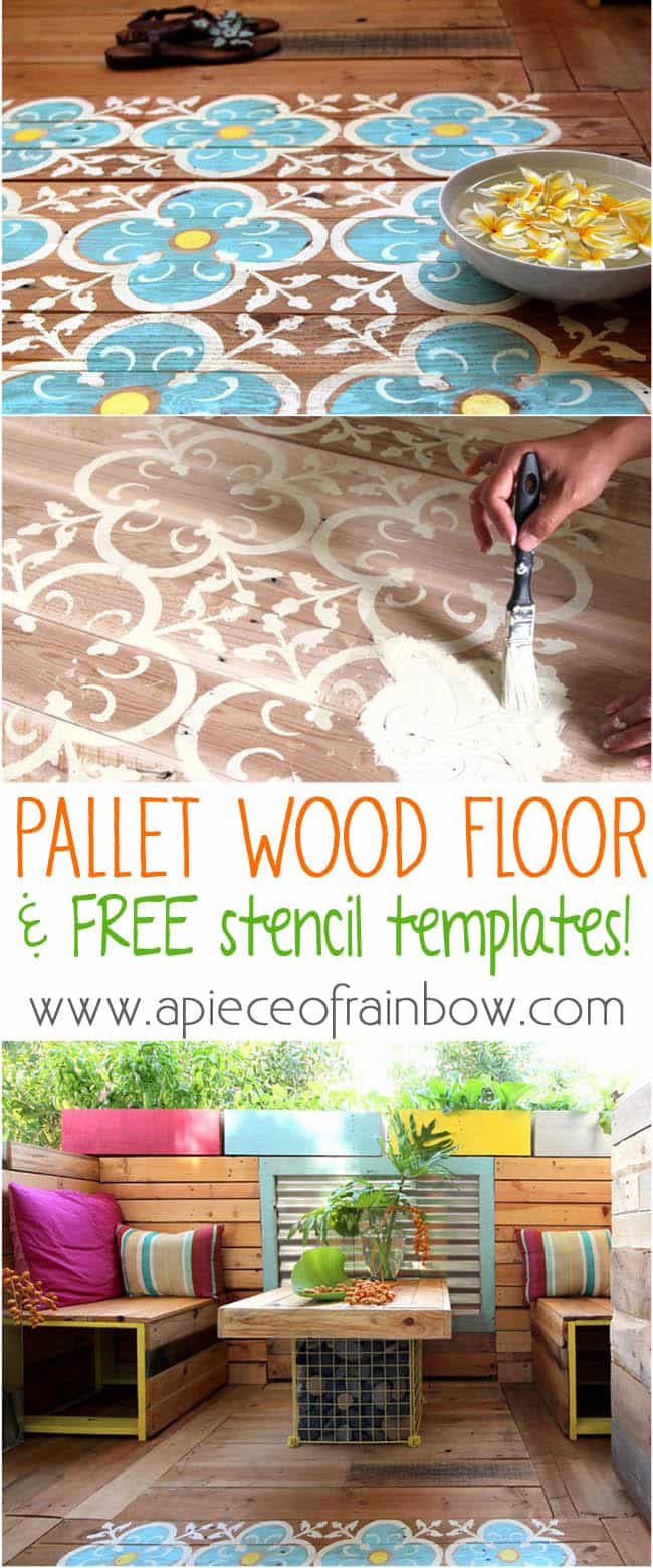 How to make your own stencils and create beautiful stenciled pallet wood floor or wood door mat in this detailed tutorial! Free template download included.
