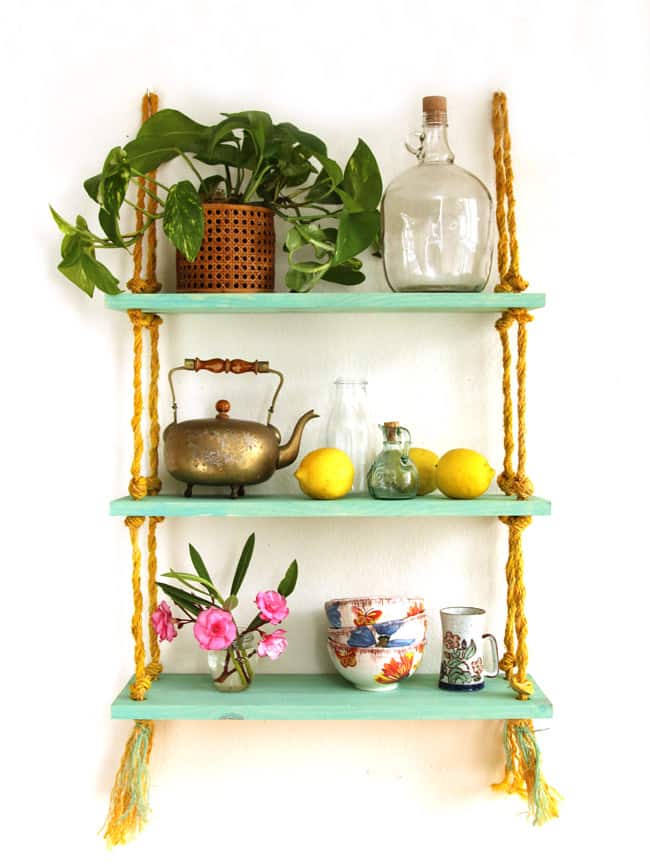 beautiful hanging  wood wall shelves with vintage bohemian decor