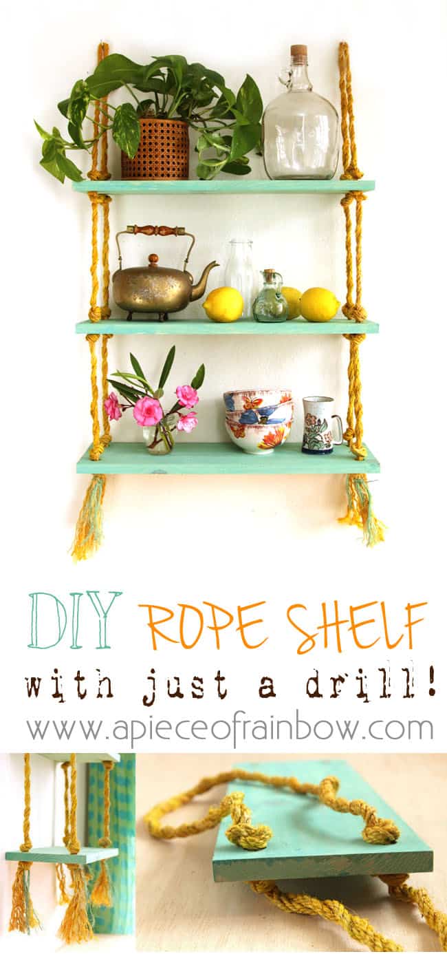 Easy DIY hanging rope shelf tutorial: how to make beautiful boho farmhouse wood wall shelves for storage & home decor, with rope & a drill!