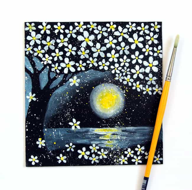 Easy and detailed tutorial on how to paint cherry blossoms on black paper, and create a magical night landscape of cherry blossoms in the moon light.
