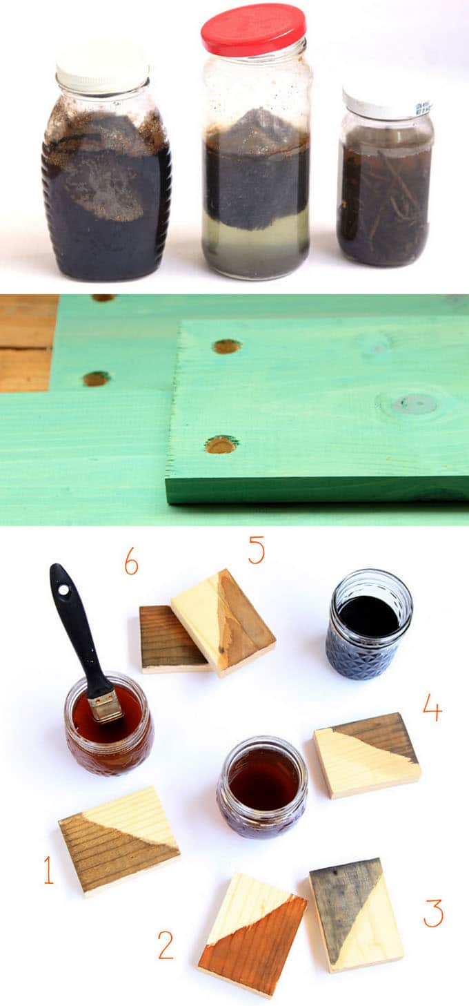 7 recipes to make wood stains in any color using natural household materials! These quick and easy wood stains are super effective, long lasting, low cost, and non-toxic!