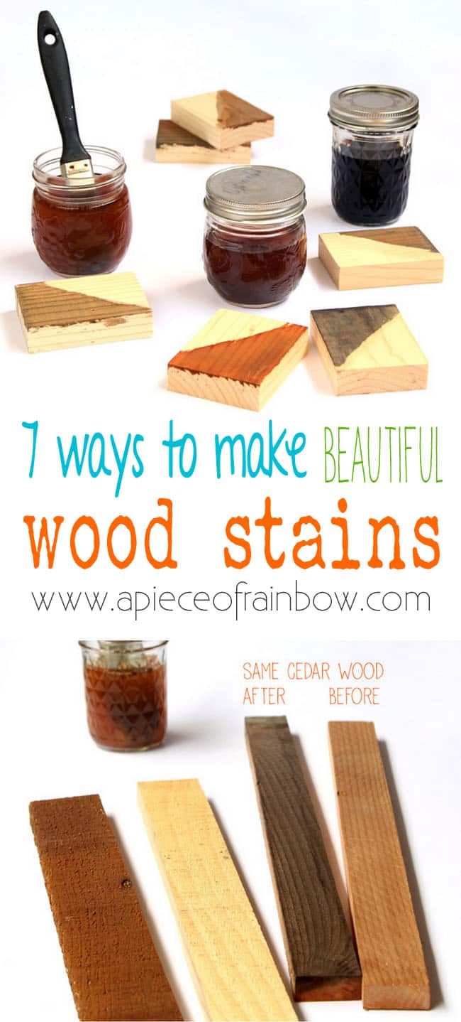 7 ways to make wood stain from natural household materials! These quick and easy wood stains are super effective, long lasting, low cost, and non-toxic!