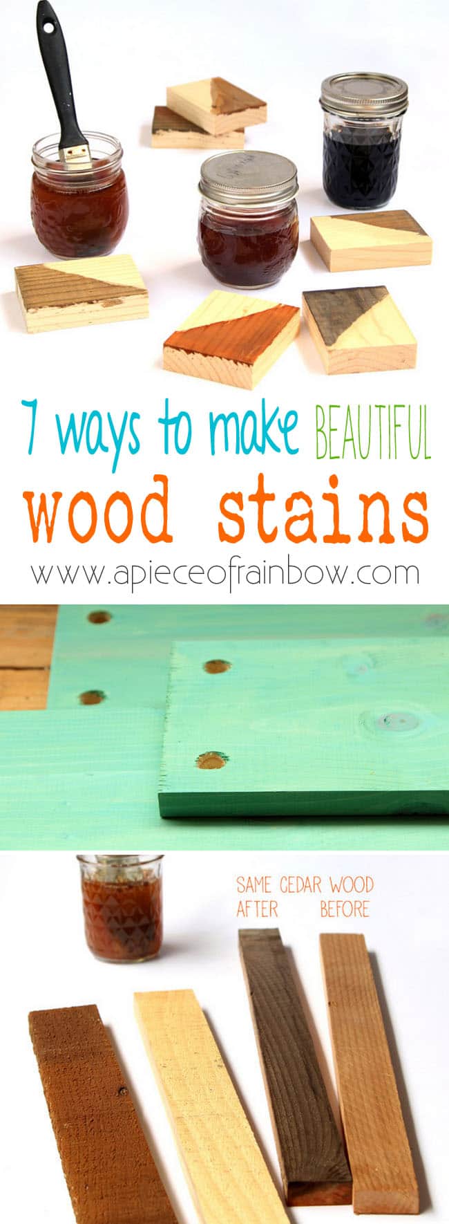 7 recipes to make wood stains in any color using natural household materials! These quick and easy wood stains are super effective, long lasting, low cost, and non-toxic!