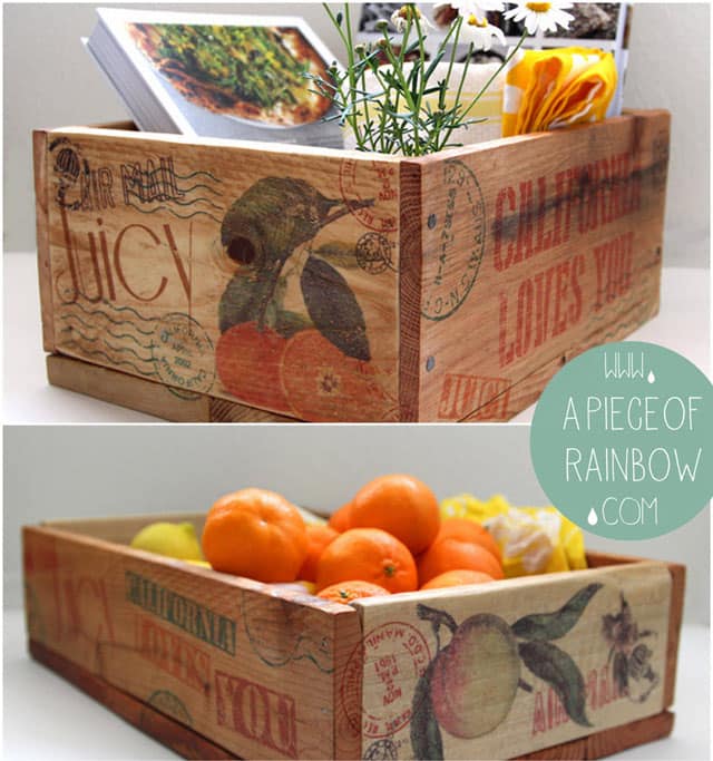 Make vintage orchard farm inspired pallet wood crate for almost free. Tutorial on transfer images to wood, plus recipe for home made furniture wax. - A Piece Of Rainbow