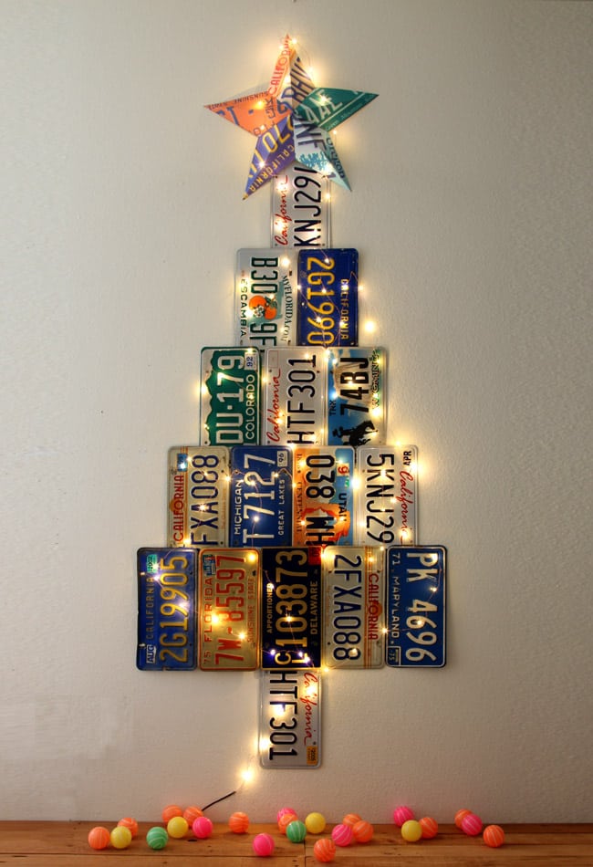 Make an uniquely gorgeous Christmas Tree from up-cycled license plates 