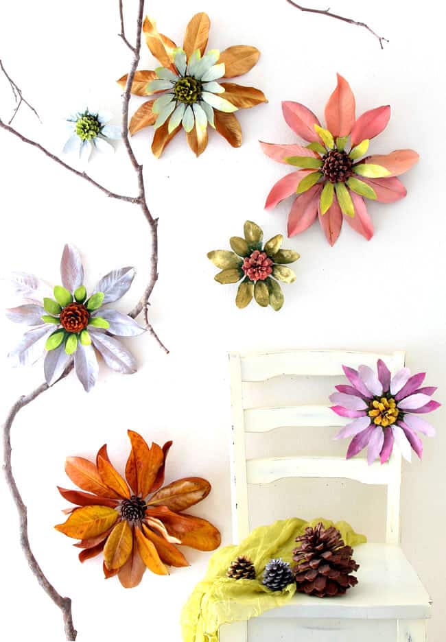 How to make flowers from nature walk findings such as pine cones and leaves. These giant blossoms make such dramatic, beautiful and free home decorations! via A Piece Of Rainbow