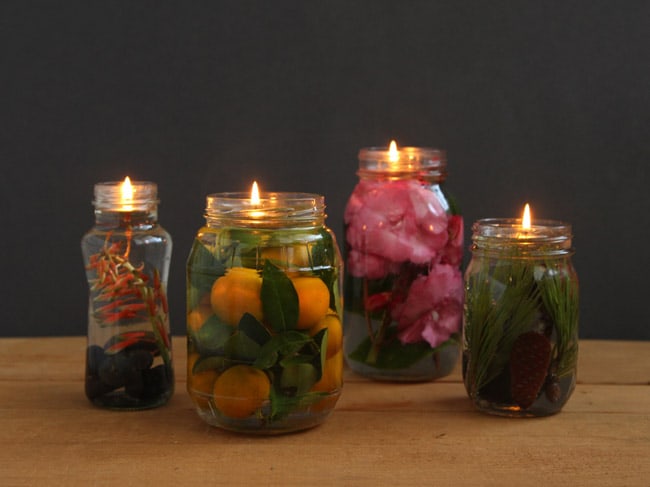 Make gorgeous oil lamp from mason jars and glass bottles. Safer than candles, it takes only 2 minutes to make using vegetable oils and water! - A Piece Of Rainbow Blog