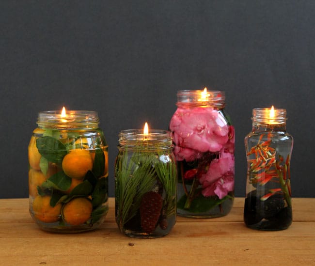 Make gorgeous oil lamp from mason jars and glass bottles. Safer than candles, it takes only 2 minutes to make using vegetable oils and water! - A Piece Of Rainbow Blog