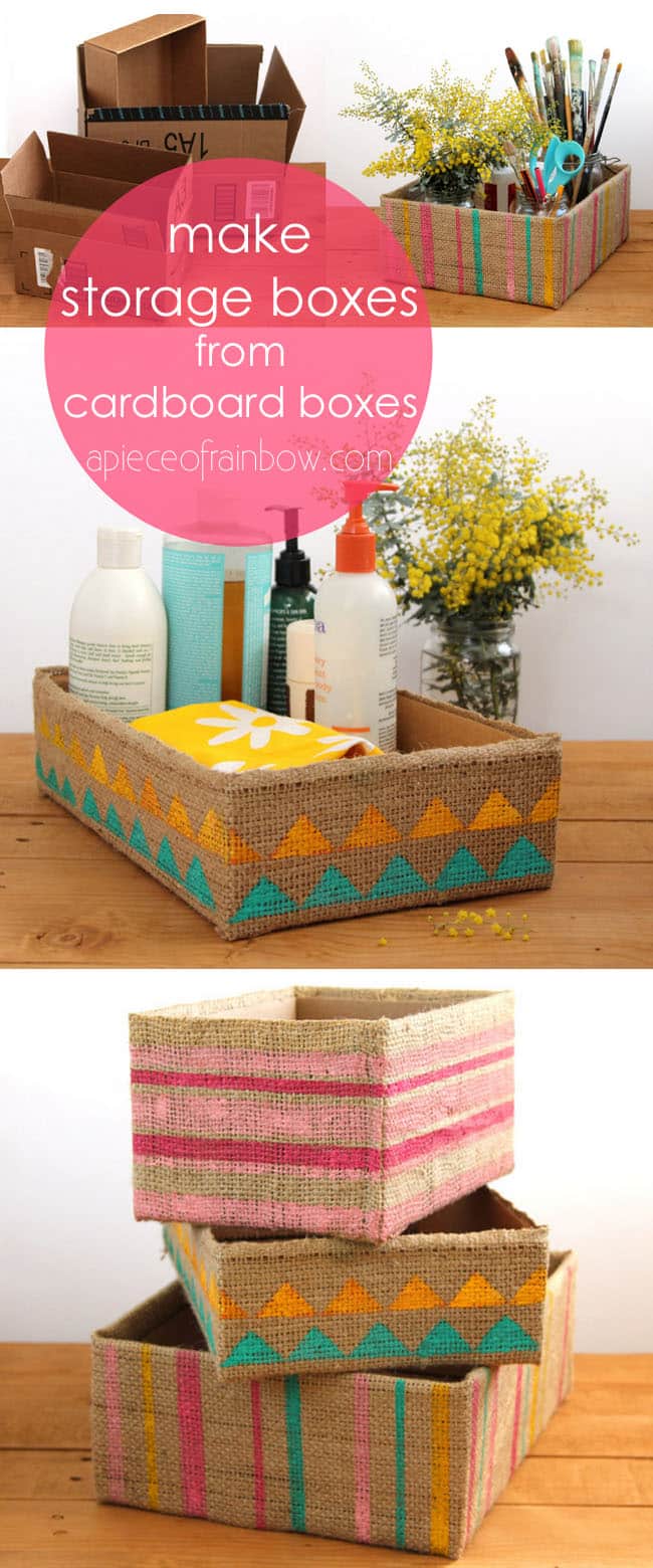 Up-cycled cardboard box into beautiful farmhouse & boho stylestorage box easily in 5 minutes! Stylish organizing for almost free! Detailed DIY tutorial. - A Piece of Rainbow #livingroom #livingroomideas #diy #homedecor #homedecorideas #diyhomedecor #organizing #organization #organize #storage #farmhouse #farmhousestyle #farmhousedecor #craft #crafting #upcycle #recycle #shabbychic #vintage #rustic #rusticdecor 
