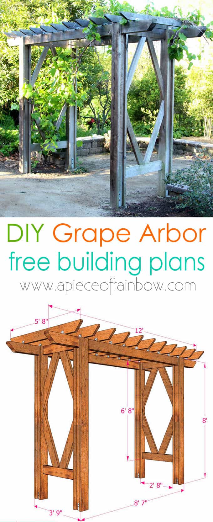 Free building plan for a gorgeous DIY friendly arbor / pergola: it will add so much beauty to an outdoor space. Step by step drawings and lots of photos! - A Piece of Rainbow