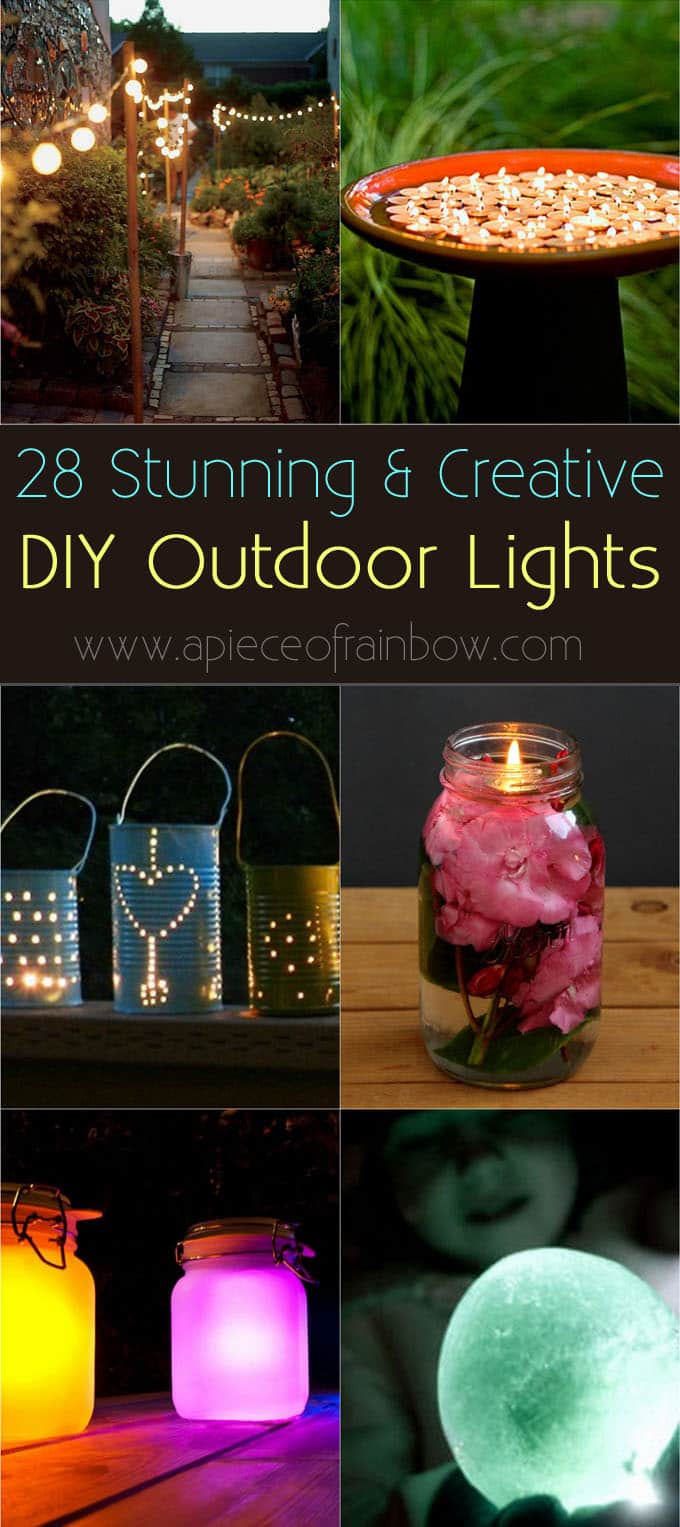 28 inspiring DIY outdoor lighting ideas: use string lights, solar lights and other outdoor lights easily to create beautiful patio and porch lighting for magical outdoor living and backyard parties! - A Piece Of Rainbow