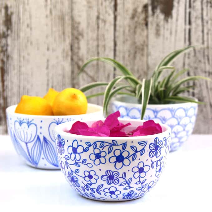 Create beautiful hand drawn designs on white bowls or mugs using a Sharpie marker. Detailed video tutorials! No bake, try this better finishing method! - A Piece Of Rainbow