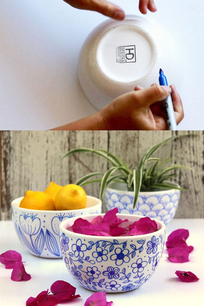 a better finishing secret for DIY beautiful No bake Sharpie art bowls