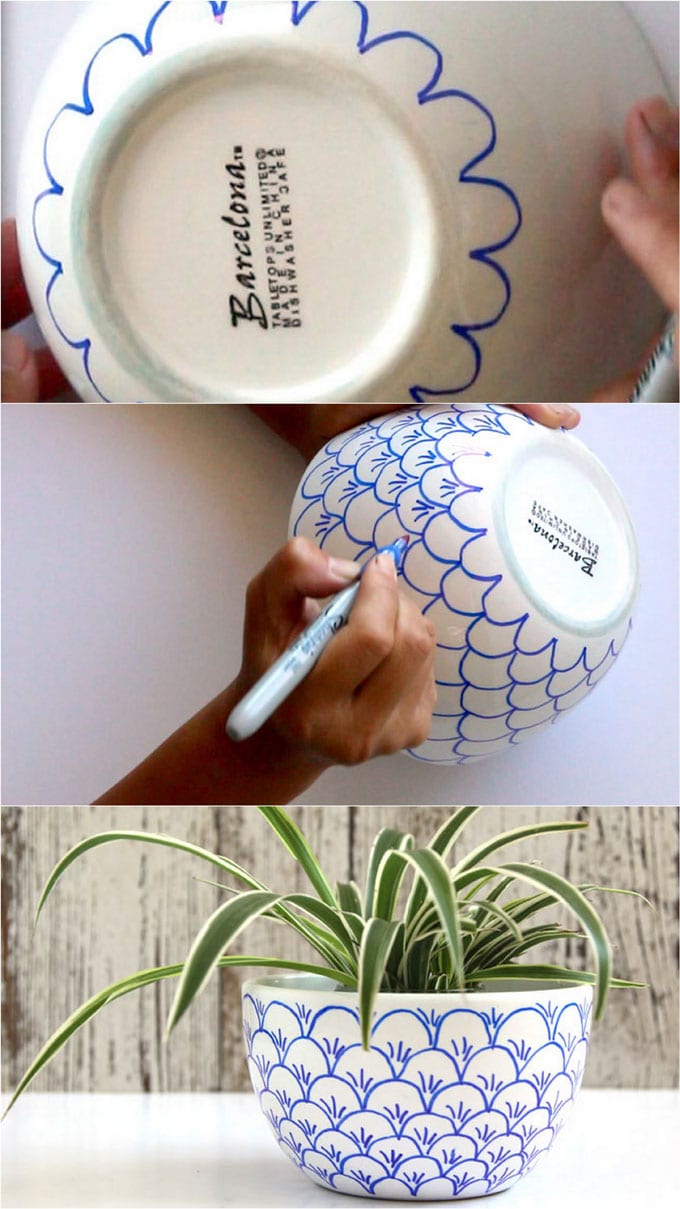 beautiful Anthropologie style designs on Thrift store bowls with sharpie art