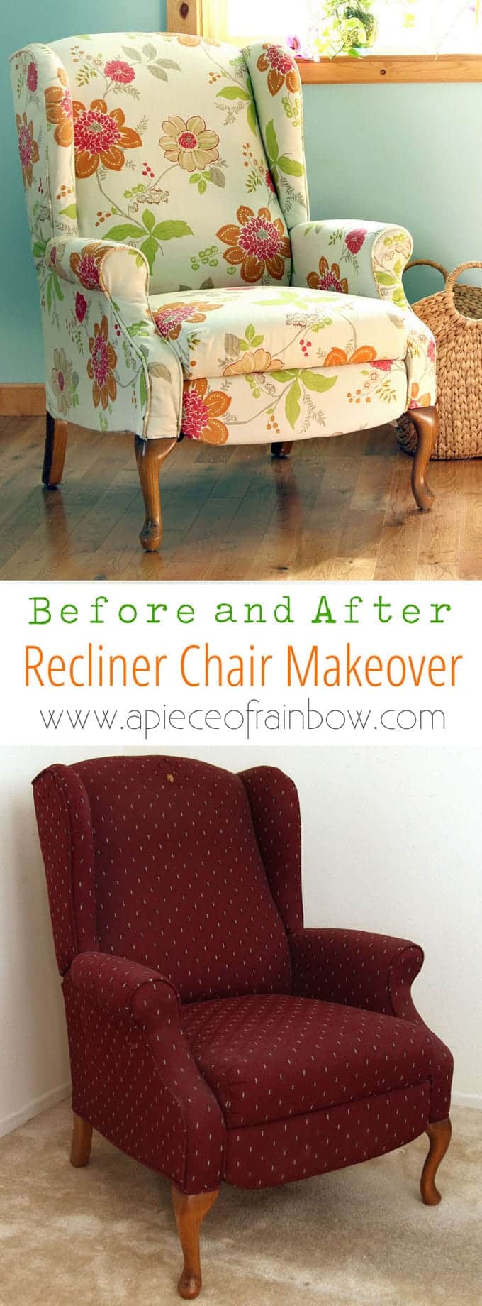 Dramatic before after transformation and detailed tutorial on how to makeover an upholstered recliner chair, and lots of helpful tips for beginners. A Piece Of Rainbow