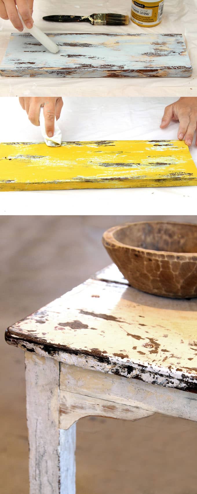 Ultimate guide on how to distress wood and furniture. Video tutorials of 7 easy painting techniques that give great results of aged look using simple tools. via A Piece Of Rainbow