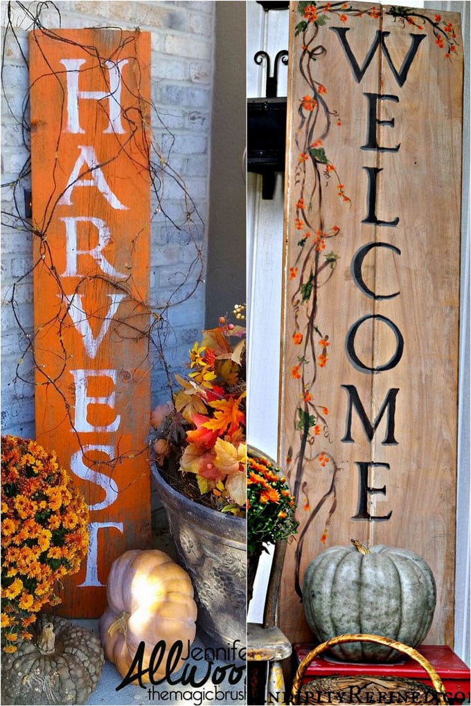Make fall outdoor decorations with wood welcome signs 