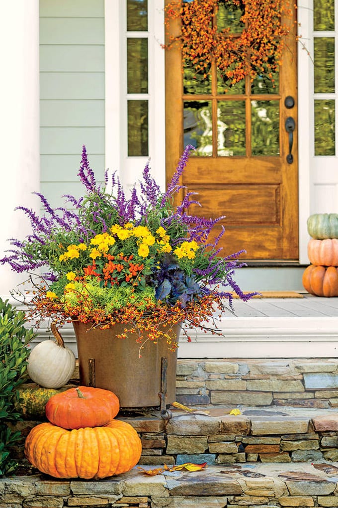 Colorful mixed flower fall planters