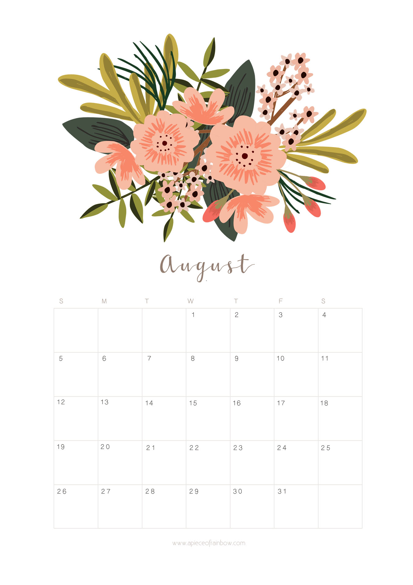 Monthly August 2018 Calendar