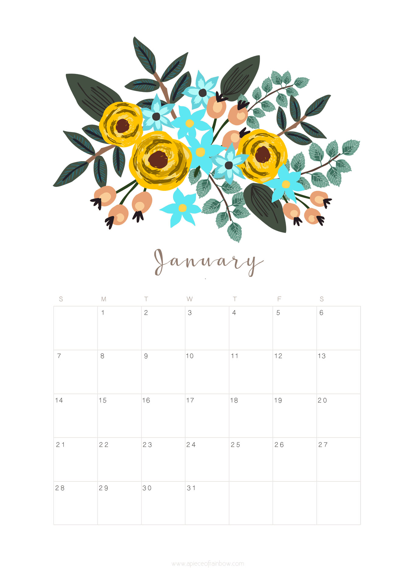 Printable January 2018 Calendar Monthly Planner Floral Design A