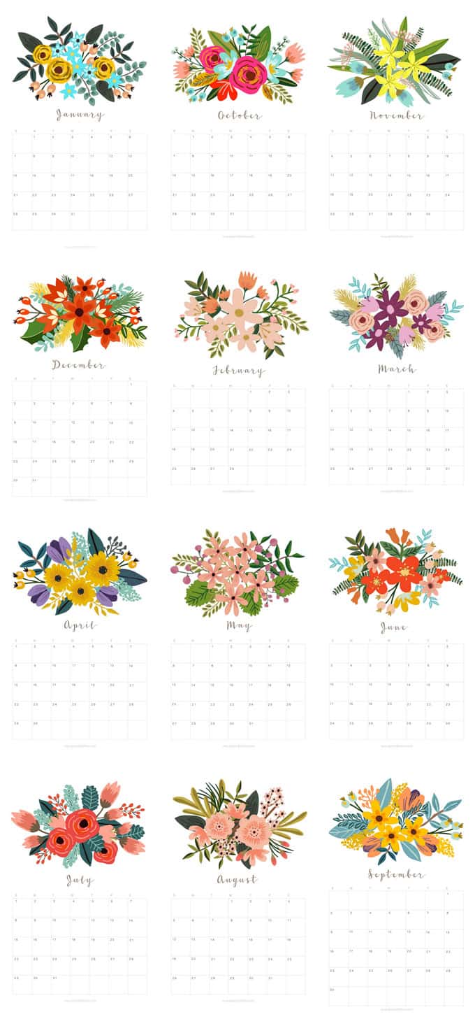 Beautiful floral 2018 calendar and monthly planners with unique flower designs for each month! Free printable download at A Piece of Rainbow.