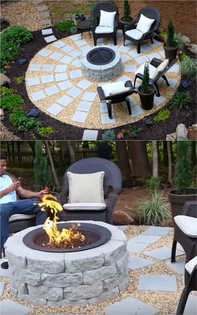 an attractive landscaped backyard fire pit patio space