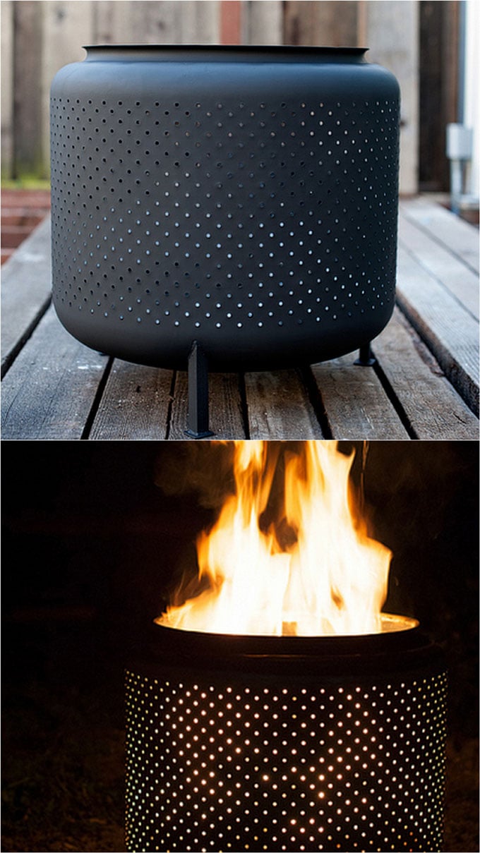 A recycled washing machine drum made into a firepit