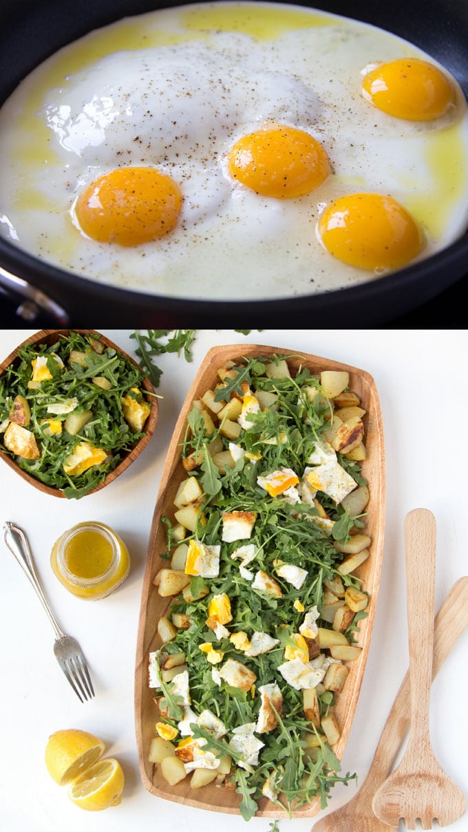 frying eggs for healthy potato salad with eggs, arugula or kale greens and honey mustard dressing
