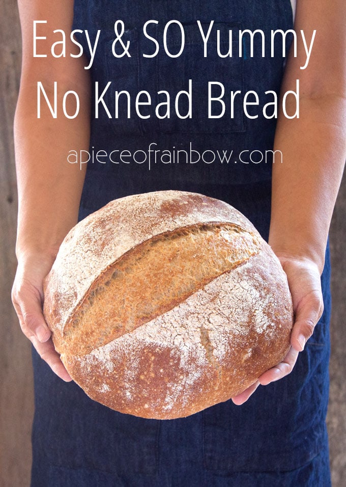 Amazing no knead bread recipe with video tutorial! This SUPER flavorful homemade bread requires 1 bowl, 4 ingredients and no work. Gorgeous crust and moist crumb! Variations of traditional white bread and healthy whole grain bread recipes included. - A Piece of Rainbow