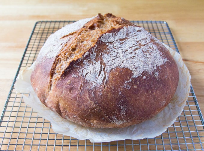 homemade whole grain no knead bread cooling on a rack