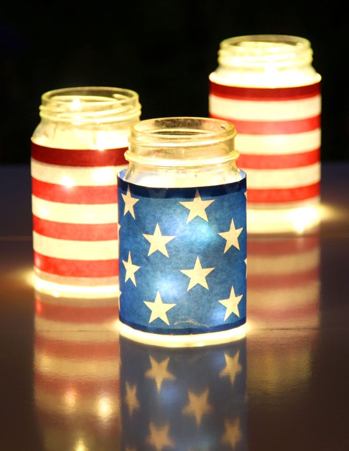 stars and stripe blue red white american flag inspired july 4th mason jar lights table centerpiece