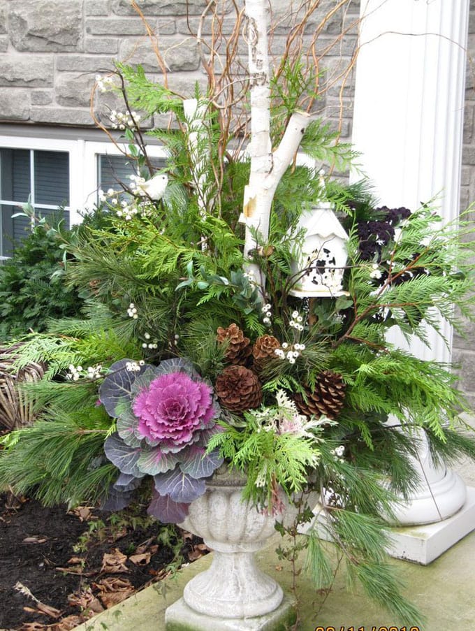 fall outdoor planters christmas planter winter decorations urn garden arrangements urns container plants kale branches pots flowers porch gardening cabbage