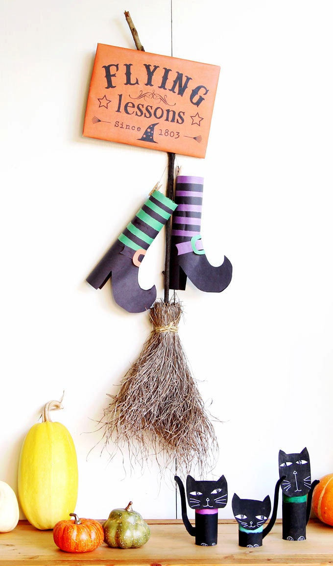 paper craft witches legs DIY Halloween decor with witches broom