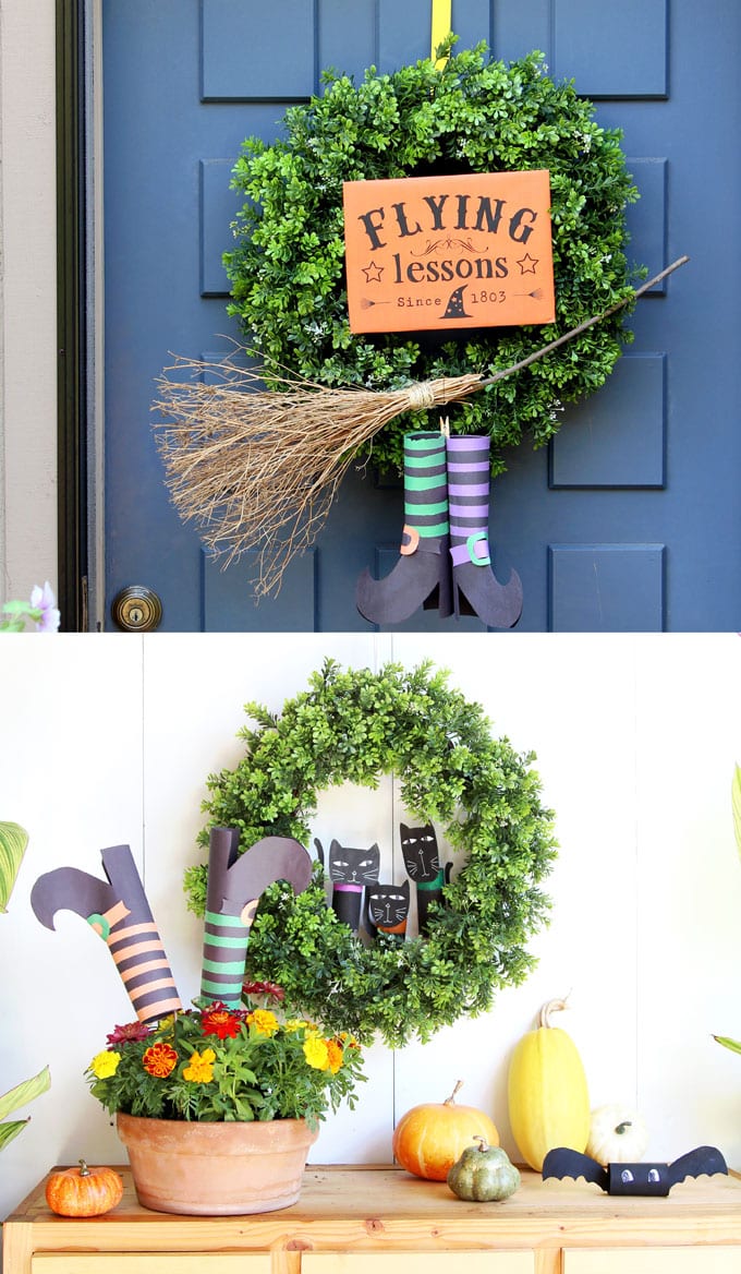 Easy DIY witches shoes with free printable templates! Awesome as witches legs Halloween decorations, wreaths, centerpiece, & kids friendly Halloween crafts!