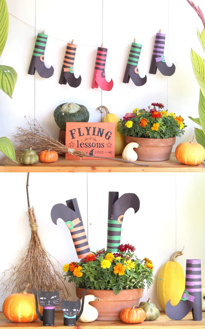 colorful witches shoes witches legs Halloween decorations, wreaths, centerpiece, & kids Halloween crafts!