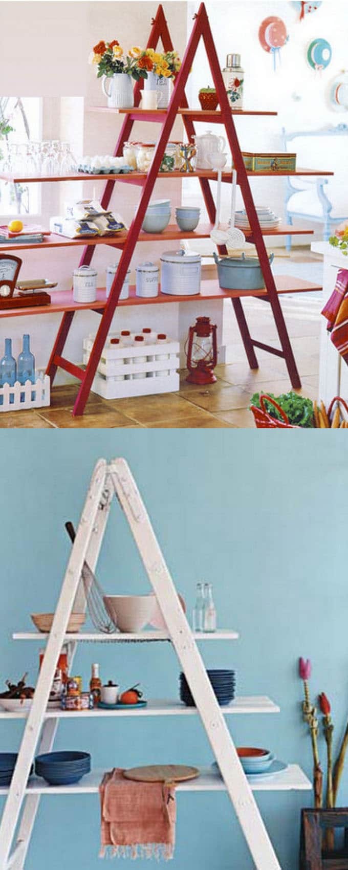 ladder shelves in kitchen and living room