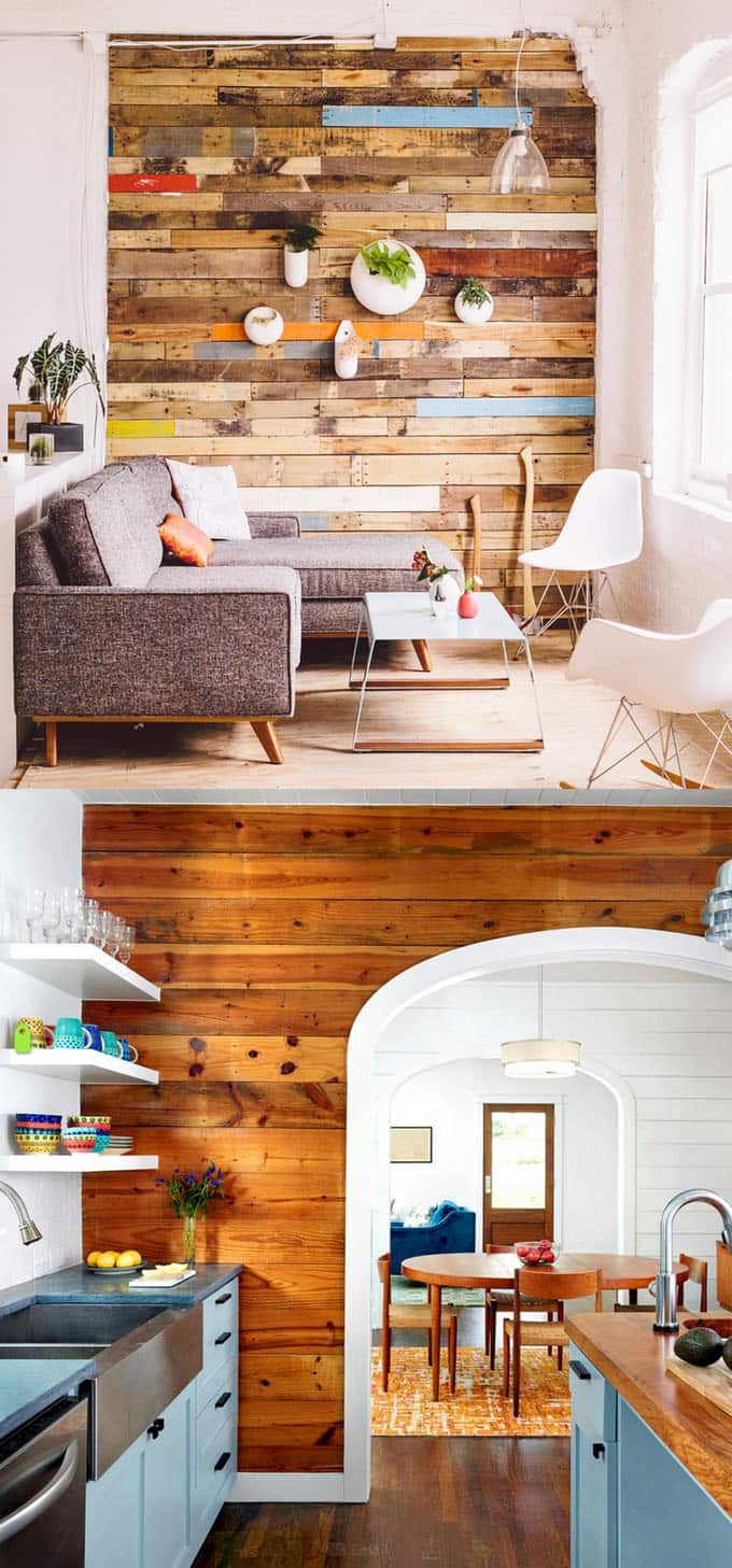 Palettenholz-Wand in farbenfroher Küche und Wohnzimmer.