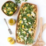 Our favorite 4-ingredient 30-minute golden potato salad recipe with egg, nutritious greens like arugula or kale, and no mayo, is so healthy and as satisfying as the best traditional potato salad! Easy weeknight dinner recipe. Vegetarian and gluten free. Video and easy step by step instructions! - A Piece of Rainbow