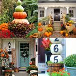 pumpkins, mums, straw bales as beautiful fall outdoor decorations for front porch and door