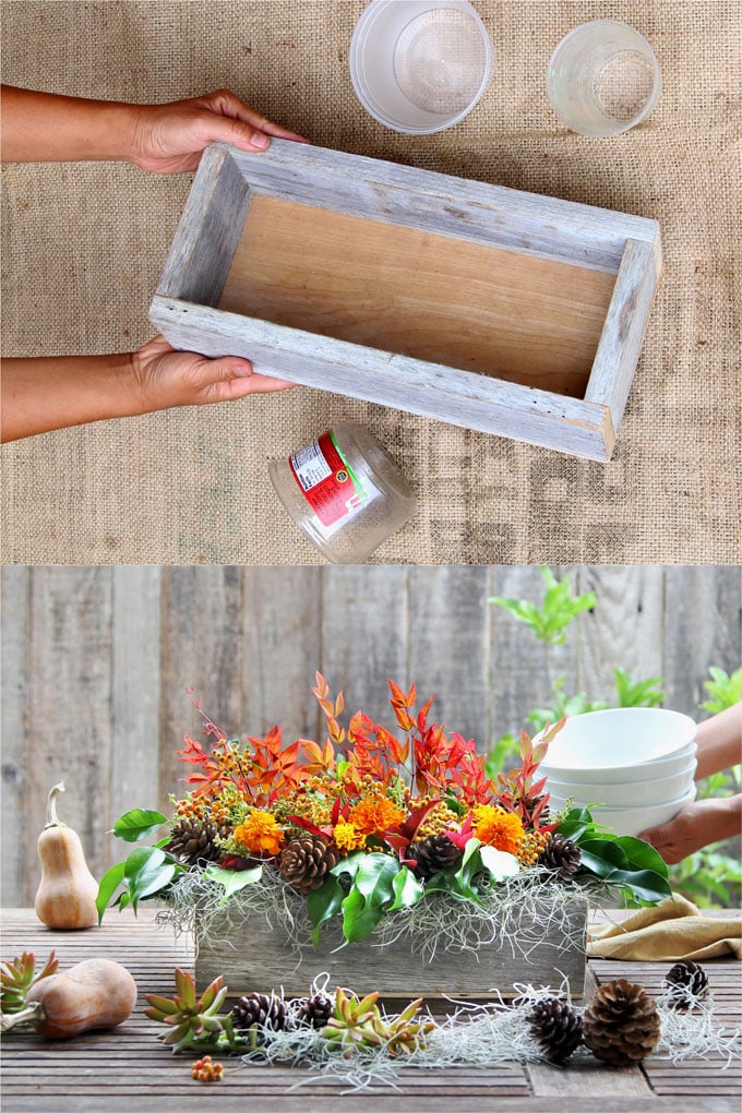 use wood crate to make DIY fall & Thanksgiving centerpiece table decorations