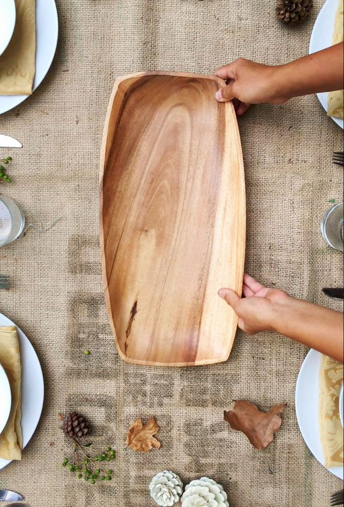 wooden tray to make DIY Thanksgiving table decoration centerpiece 