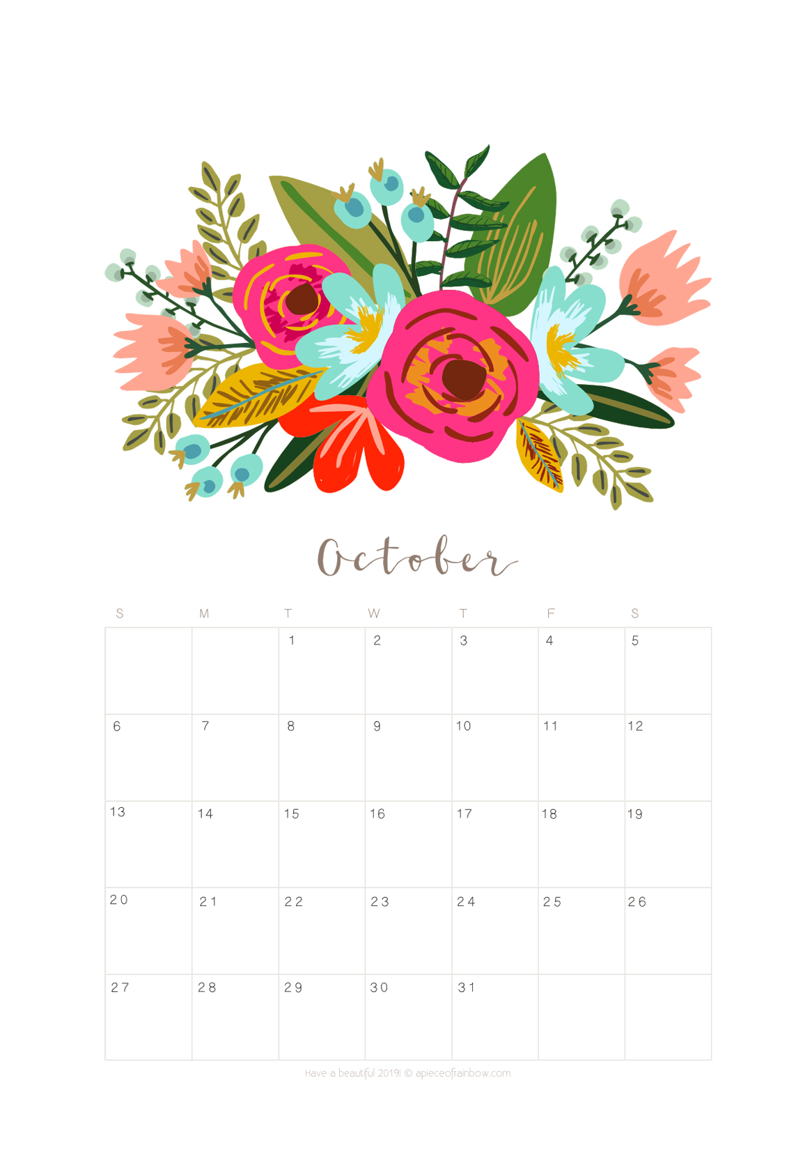 Printable October 19 Calendar Monthly Planner 2 Designs Flowers Modern A Piece Of Rainbow