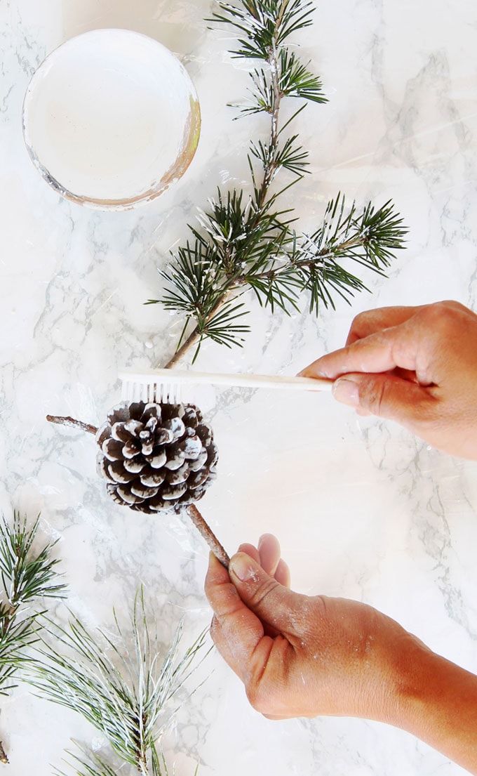 dip the tooth brush in some white paint, and tap on the pinecones and foliage quickly to create spots of "snow".