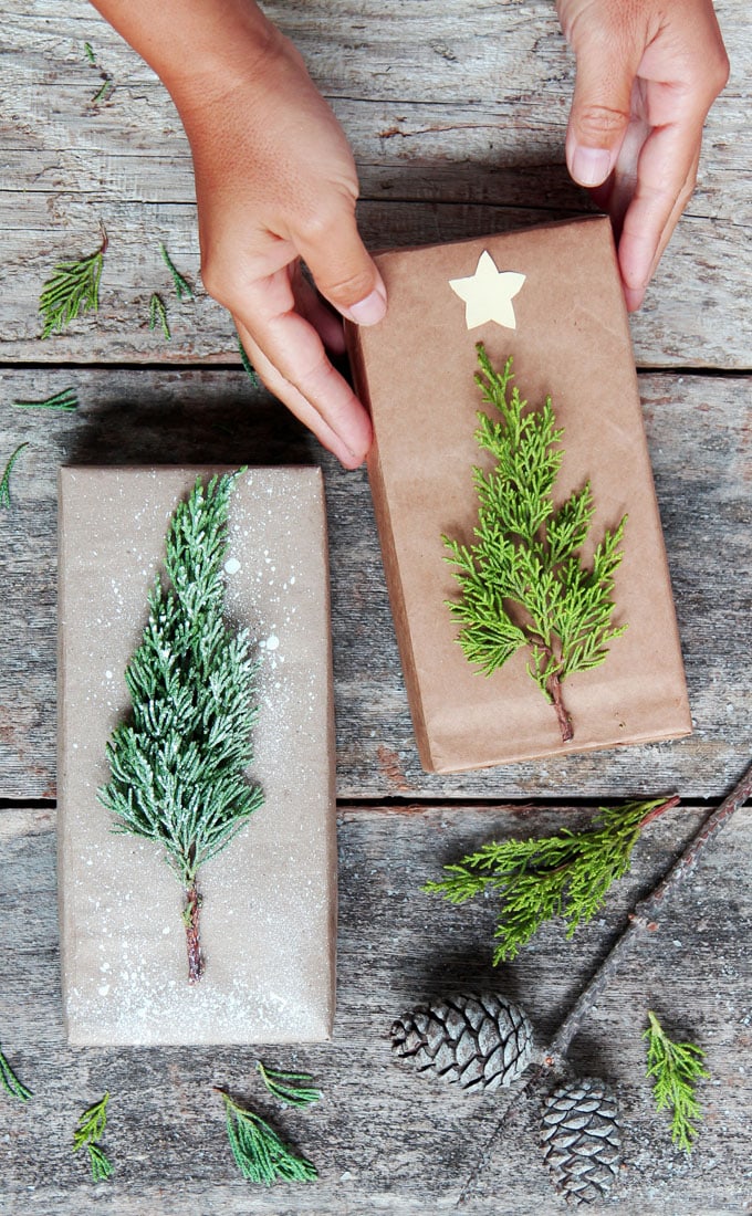 little Christmas trees on brown paper DIY Christmas gift wrapping