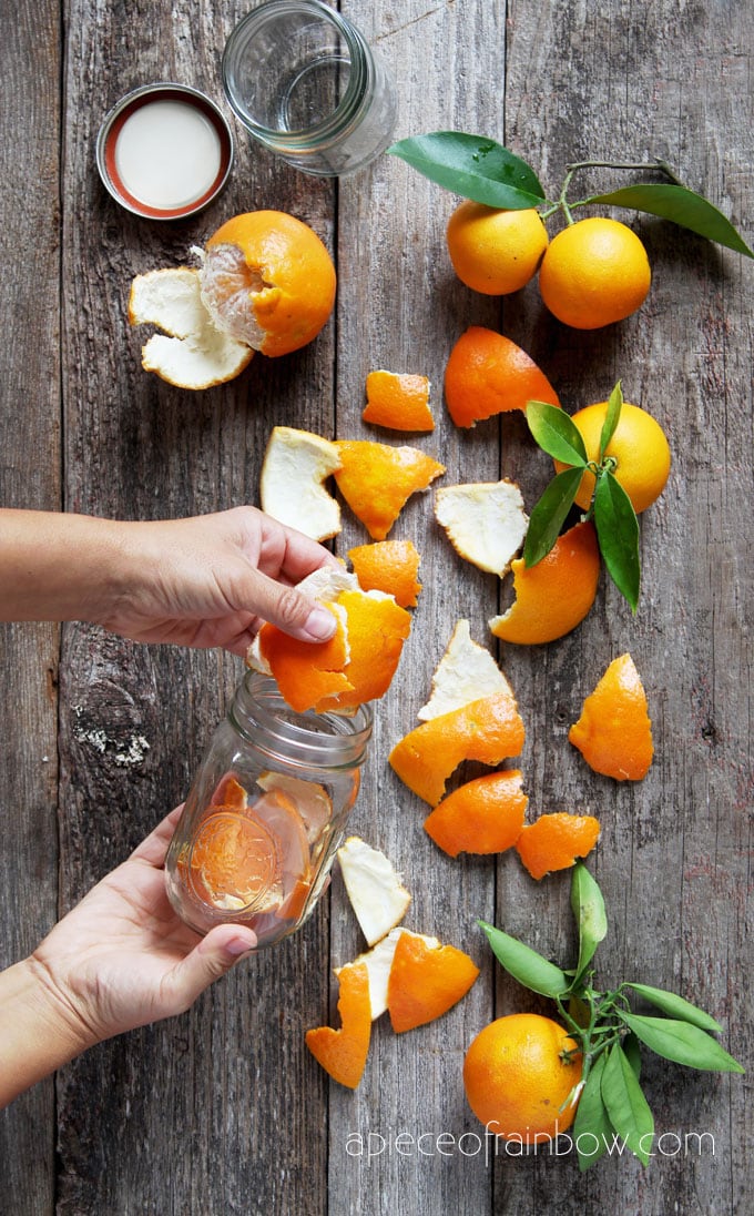 add citrus peels to jar to make DIY citrus cleaner