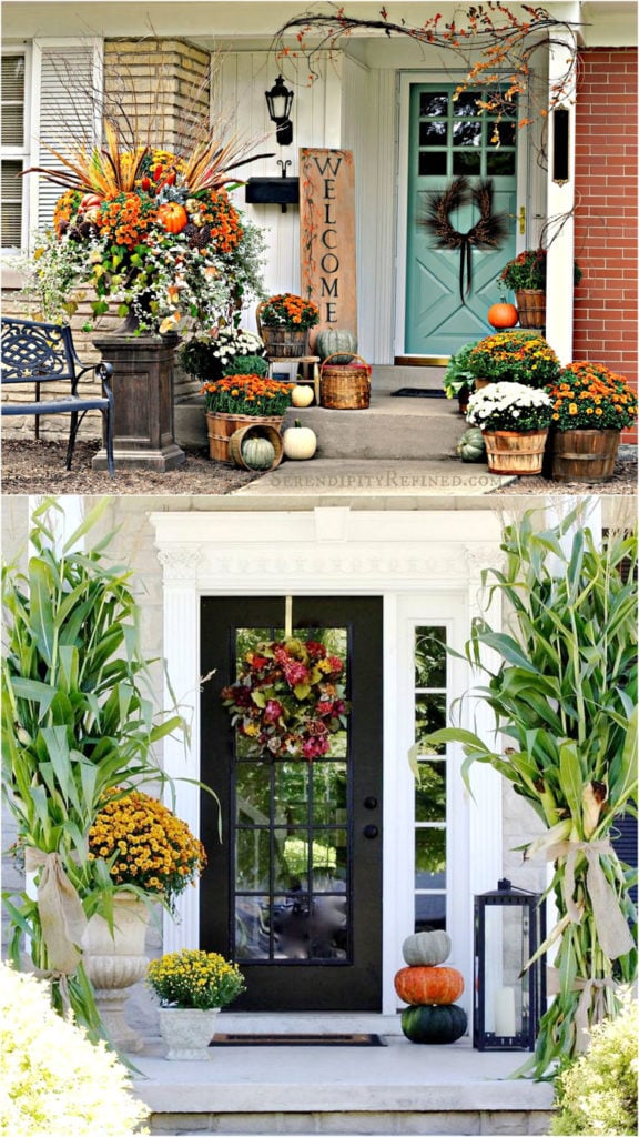 beautiful fall outdoor decorations & ideas using pumpkins, mums for front porch and door decor, Thanksgiving & Halloween