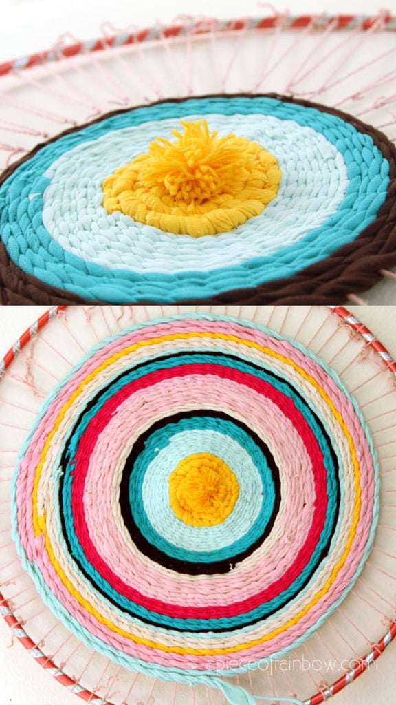 colorful boho farmhouse Anthropologie style t-shirt yarn rag rug on hula hoop