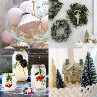 Easy & beautiful Christmas decorating with ornaments & candles! Creative ideas from pink and metallic ornaments, to amber glass bottles and wall of wreaths!